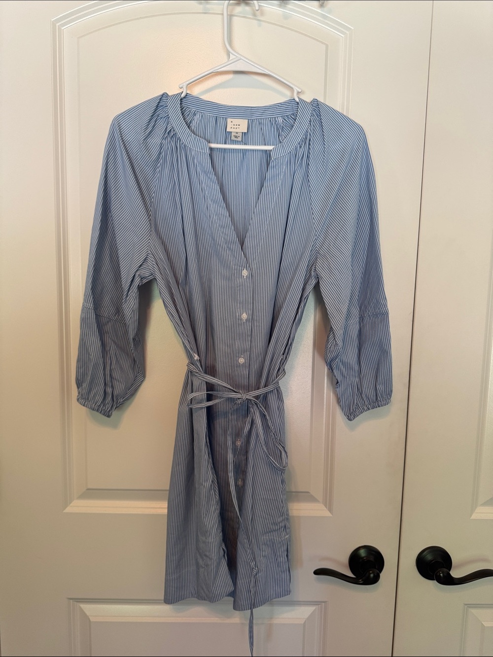a new day Light Blue & White Stripe Midi Shirt Dress